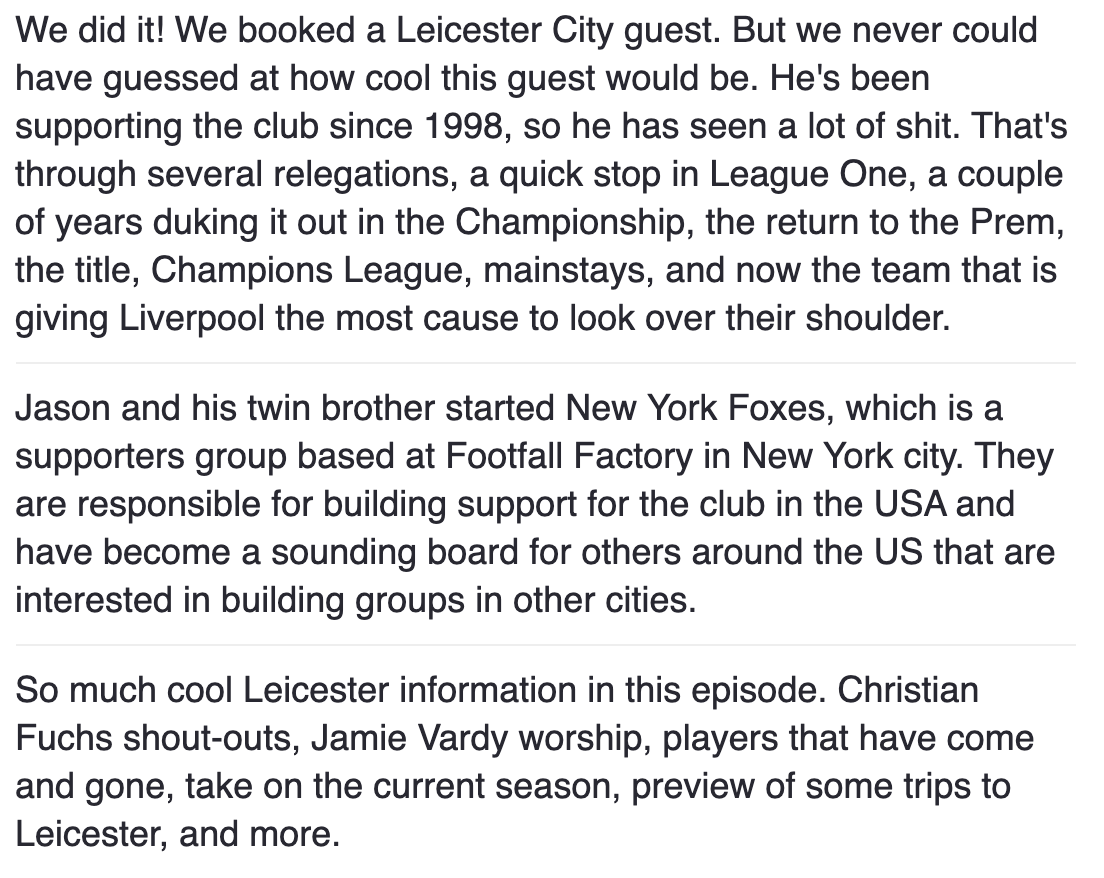 roostervillain's tweet photo. New Episode! All in on #LeicesterCity with the @NewYorkFoxes 

We learn all about the Foxes from someone who has been a supporter since 1998. Fun conversation about past, present, and future. 

Apple:
https://t.co/1bhFMPMLkz

Also on Google/Stitcher/Spotify/iHeart and others. https://t.co/AtVuDBDmSP