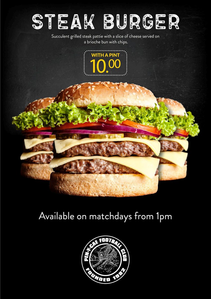 ⭐ Match Day Offer ⭐
As from this Saturday we will now on match days from 1.00pm have on offer a Steak Burger Meal with a pint for £10.
#WeAreTheCae #MoreThanAClub