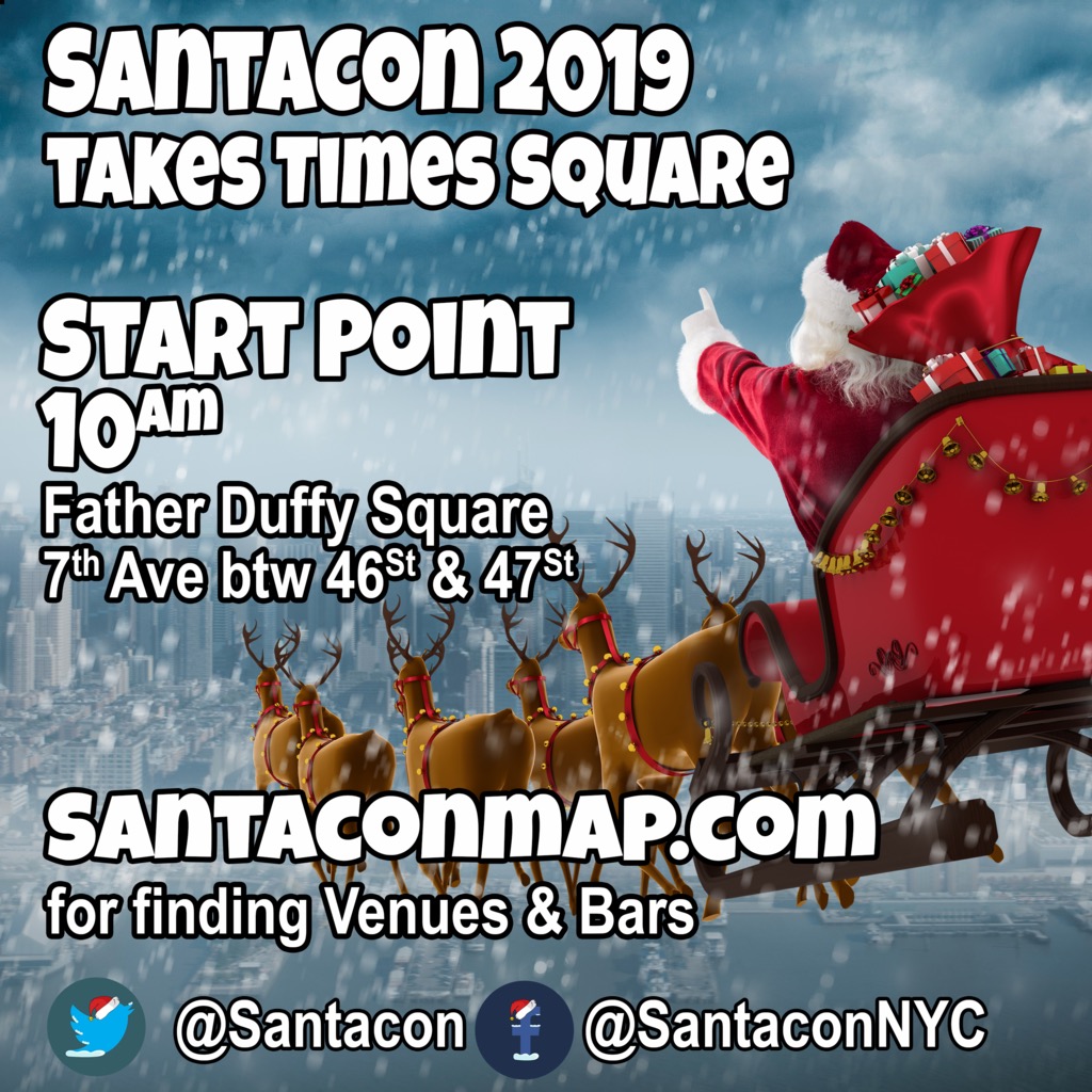 santacon's tweet photo. BEHOLD THE MAP! https://t.co/c7uiEJXokO SantaCon NYC 2019 venues &amp; start point. SUPER SPECIAL venues marked with red ornaments are where you go on Saturday 12/14 - show donation email - get your Santa Stamp. Entry to all venues all day. #santaconnyc #santamap https://t.co/G9x03vYE5h