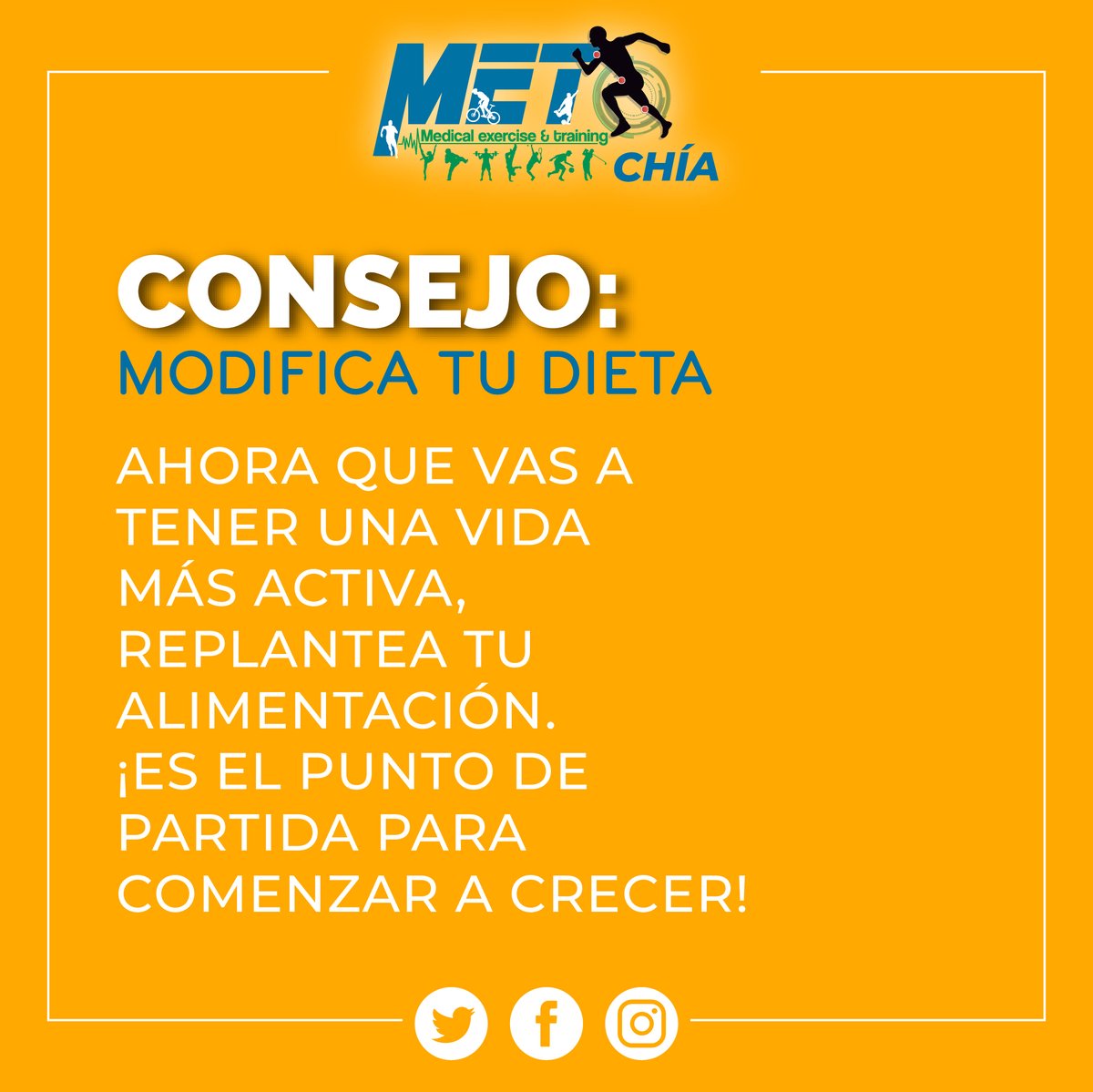 Ten en cuenta la importancia que tiene una alimentación saludable sobre los objetivos que planeas alcanzar
.
.
📱3114572648
🏢 Calle 7 Nº 1 este 90 Bg 1 Chía. 
#MET #METCHIA #NUTRICION #SOYMET #fitness #saludable #ejercicio #entrenamiento #consejofit #dieta #alimentacion