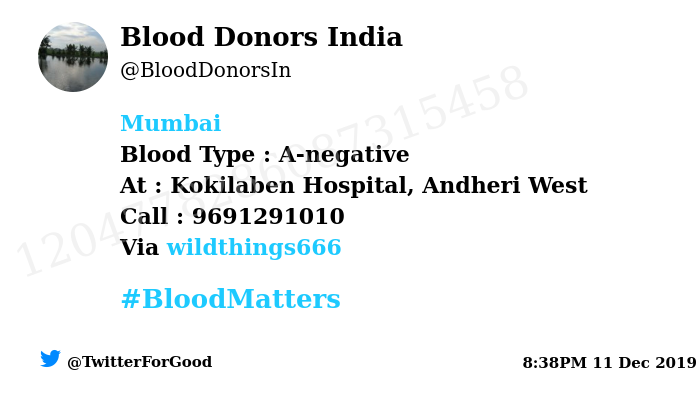BloodDonorsIn's tweet photo. #Mumbai
Need #Blood Type :  A-negative
At : Kokilaben Hospital, Andheri West 
Number of Units : 6
Primary Number : 9691291010
Illness : Kidney Transplant
Via: @wildthings666
#BloodMatters
Powered by Twitter https://t.co/zxkWOk9Sgp