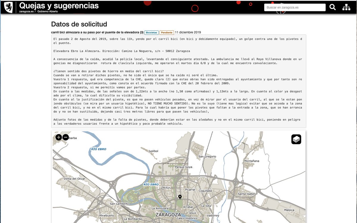 <a href="/zaragoza_es/">AyuntamientoZaragoza</a> <a href="/policiazaragoza/">Policía Zaragoza</a> <a href="/ZGZDenuncia/">Zaragoza Denuncia</a> <a href="/ZGZenbici/">Zaragoza en Bici</a> <a href="/Bicicleto_ZGZ/">ⓑιcιcletⓞ</a> <a href="/ZgzEndosruedas/">Zaragoza EnDosRuedas</a> <a href="/zgzciudadana/">Zaragoza Ciudadana</a> <a href="/SoydeZaragoza/">Soy de Zaragoza</a> <a href="/heraldoes/">Heraldo de Aragón</a> <a href="/aragonradio/">Aragón Radio</a> <a href="/Zgz_Ciudad/">Zaragoza Ciudad</a> <a href="/CH_Ebro/">Confederación Hidrográfica del Ebro</a> Nuevamente el sistema de quejas del <a href="/zaragoza_es/">AyuntamientoZaragoza</a> - bit.ly/2PaHNR9
me encuentro esperando la nueva repuesta …
<a href="/heraldoes/">Heraldo de Aragón</a>  , <a href="/ZGZDenuncia/">Zaragoza Denuncia</a>
<a href="/ZGZenbici/">Zaragoza en Bici</a> , <a href="/Bicicleto_ZGZ/">ⓑιcιcletⓞ</a>
<a href="/ZgzEndosruedas/">Zaragoza EnDosRuedas</a> , <a href="/Bicicleto_ZGZ/">ⓑιcιcletⓞ</a>
<a href="/aragonradio/">Aragón Radio</a>