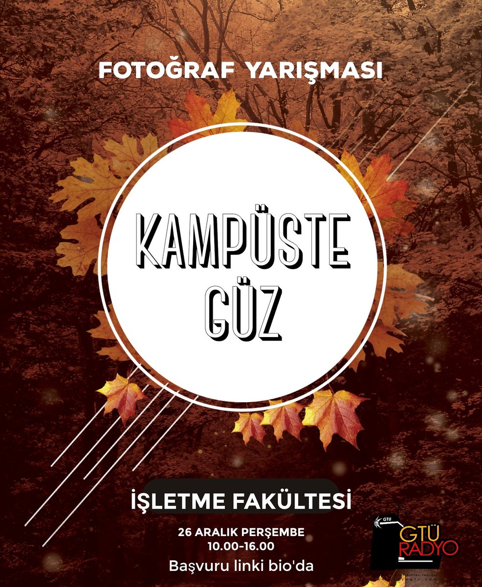 📷Kadrajlar hazırsa biz de hazırız
GTÜ kampüsünde güz bir başkadır. E o zaman ne duruyoruz? 26 Aralık Perşembe günü İşletme Fakültesinde sizden gelen fotoğraflardan bir sergi-yarışma düzenliyoruz. Katılım formu BİO'da. Sana çok güzel sürprizlerimiz var, sakın kaçırma :)
