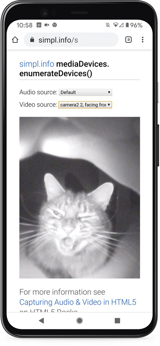 Screenshot of simpl.info/s showing access to front facing infrared camera.