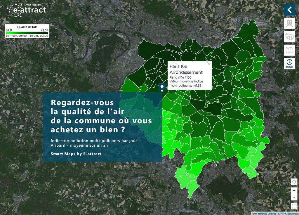 e_attract's tweet image. Regardez-vous la qualité de l&apos;air de la commune où vous achetez un bien ? Avec #SmartMaps, connaissez la qualité de l&apos;air grâce à l&apos;indice multipolluant de l&apos;année en cours ! #pollution #immobilier #digital