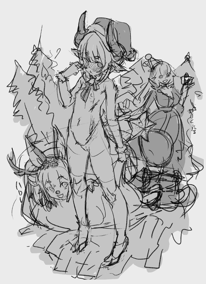 途中絵というかアタリ絵
ラミちゃんにケモミミついてたんで季節柄トナカイ役いけるんじゃない?とか安易に考えうかつに描いてみた
今頭と目がゲシュタルト崩壊状態なんでこの段階で絵を寝かしてみる
最近こんな感じのアタリ絵が貯まってるけどなにせアタリ絵だからなかなか表に出す機会が無い