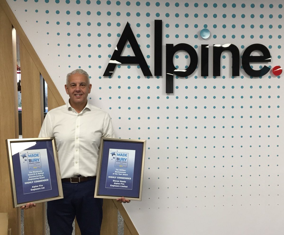 alpine_fire's tweet photo. It’s a great honour to be Highly Commended in both Manufacturing &amp; Engineering and Businessman of the Year Categories at the @madeinbury #awards. 

Alpine’s mission is to reduce risk to people and property with our #firesuppression systems.

#fireengineering #MIBBA #firesafety https://t.co/IGFeEwFfpc