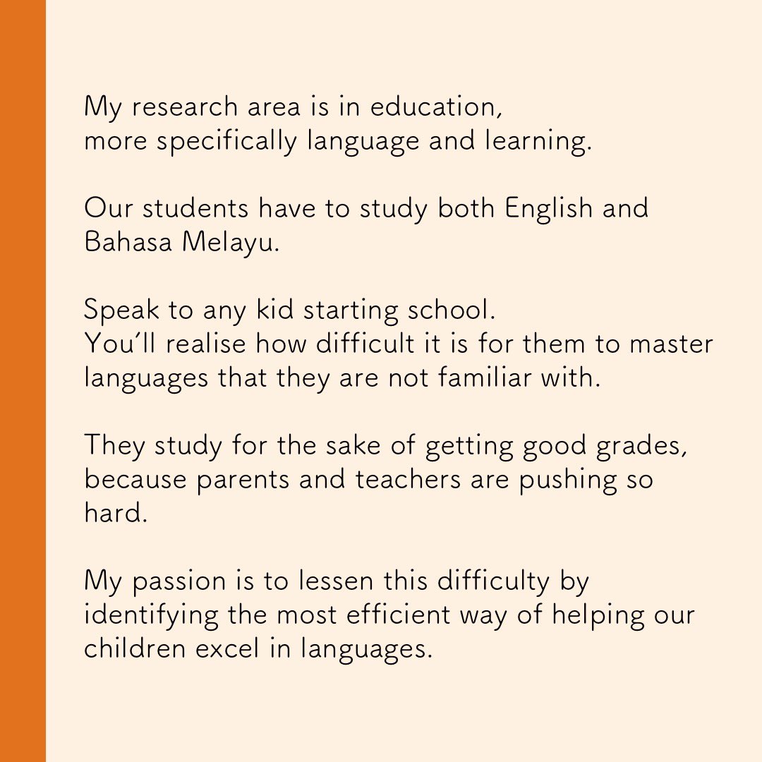 23. Christine is a lecturer and Asst Prof at  @UniofNottingham Malaysia. ‘I’m interested in helping students to better study different  #languages. My passion is to lessen their difficulty by identifying the most efficient way of helping our children excel in languages.’
