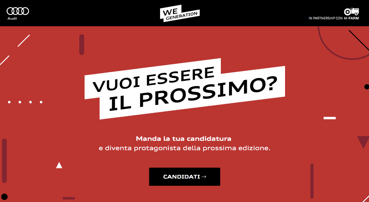 hfarmspa's tweet photo. #AudiWeGeneration aspetta il tuo contributo: con @AudiIT cerchiamo i protagonisti dell'edizione 2020 del nostro viaggio-progetto dedicato a promuovere la cultura dell'innovazione tra i giovani talenti.
Candidati 👉 https://t.co/HsMPNFPInr https://t.co/SG2mliyXOm