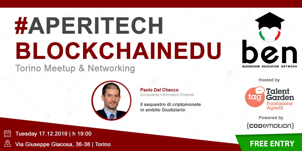 BlockchainEduIT's tweet image. 📍MEETUP TORINO📍

📆 Martedì 17 dicembre ci vediamo a Torino con il nostro secondo meetup #AperiTech!

🔎 Insieme a Paolo Dal Checco affronteremo il tema del sequestro di #criptomonete in ambito giudiziario.

➡ Iscriviti da qui: bit.ly/37NhQOM
#BlockchainEdu