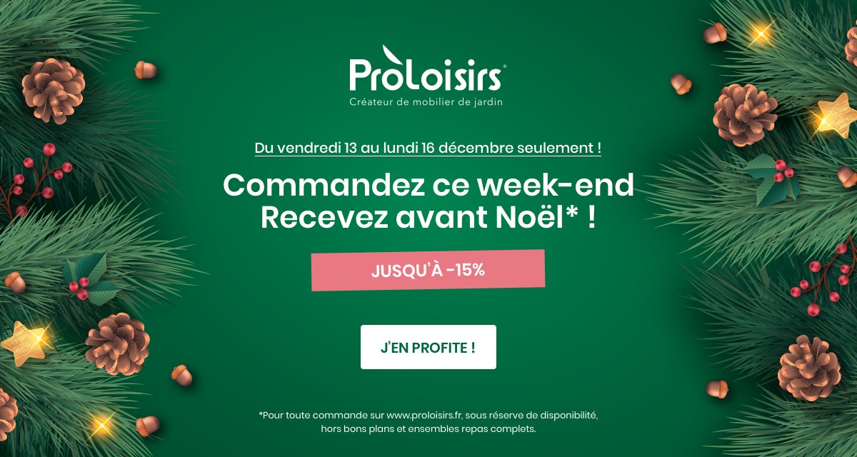 ⏰ Dernier jour, ce lundi, pour profiter de notre offre de Noël ! Commandez sur proloisirs.fr avant minuit et recevez votre mobilier de jardin avant le 25 décembre, tout en bénéficiant de remises allant jusqu'à -15%*. (*voir conditions) bit.ly/Offre-de-noel-…