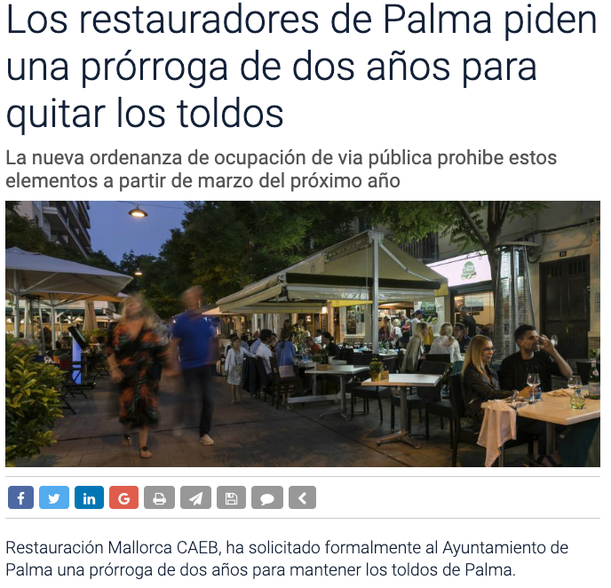sialasterrazas's tweet photo. Restauración Mallorca CAEB ha solicitado al Ayuntamiento de Palma una prórroga de dos años para mantener los toldos de Palma. Una petición que se hace por la difícil situación económica que está sufriendo el sector. #sialasterrazasdepalma https://t.co/opwMSH3LLj