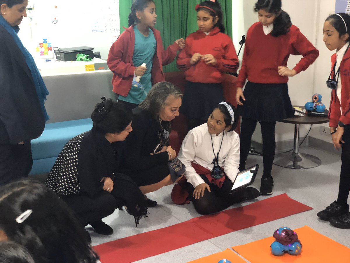 KSThakral's tweet image. Can you make a robot dance? #GirlsWhoCode sharing their love for programming with our Primary School Principal, Ms Melisha Trotman at the #BotProm during #CSWeek2019 #TBSDelhi