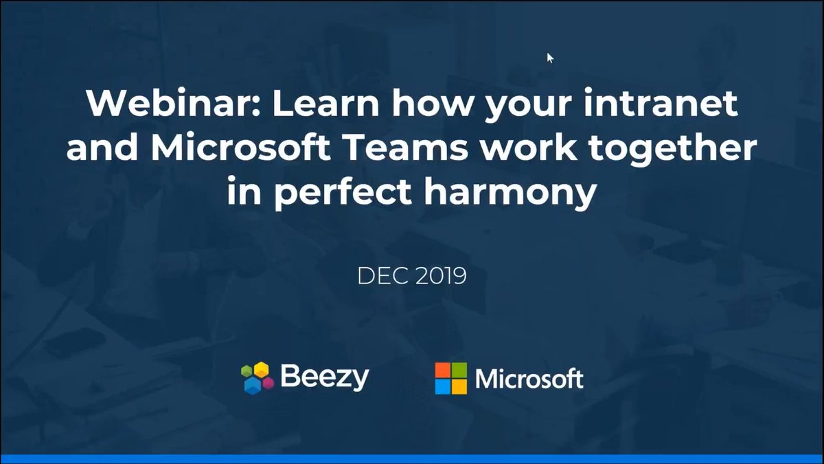 Webinar: Learn how your intranet and Microsoft Teams work together in perfect harmony  #MWCP19 with our <a href="/davidfletcher8/">David Fletcher</a>  &amp; Bjoern Hirtenjohann from Microsoft beezy.wistia.com/medias/ans420o… @followbeezy
