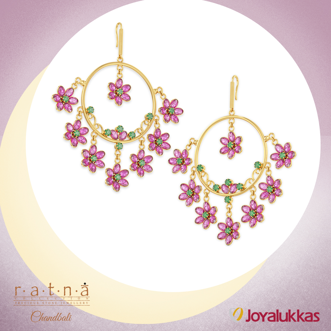 A vibrant bouquet of pink flowers characterizes this golden chandbali, giving an ethereal touch to the pair. Shop for our exclusive Chandbali collection online: bit.ly/2PmMK8w #Joyalukkas #joyalukkasjewellery #chandbalis #earrings #Gold