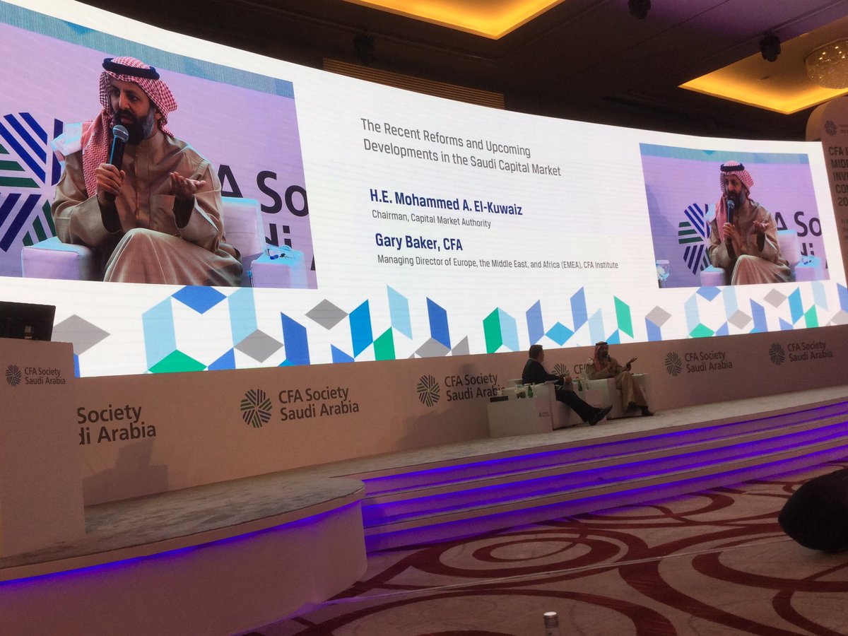 CFASaudi's tweet photo. H.E. Mohammed A. El-Kuwaiz, Chairman of the (@SaudiCMA_En) Capital Market Authority, discussing the evolution of the #Saudi #Capital #Market, #Aramco, and the development of the market.
#cfa #investments #meic19 #meic2019 #riyadh #cfasa @SaudiCMA https://t.co/S1XKUQ7lym