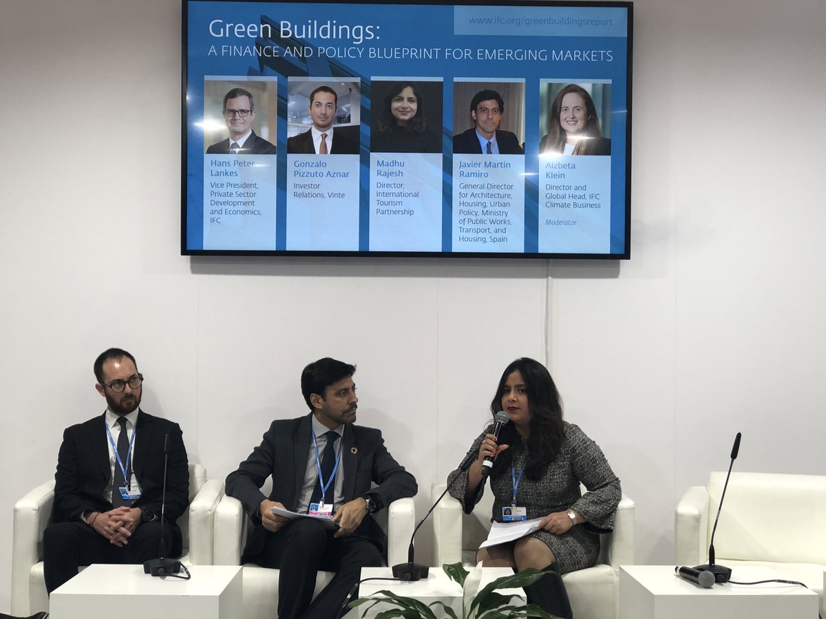 IrinaLikhachova's tweet photo. The payback period for green features incorporated into hotel buildings ranges from a week to a year — @madhurajesh of International Tourism Partnership at #IFCClimate panel on green buildings at #COP25. And savings from lower operating costs last for years. https://t.co/3wvML0se5V