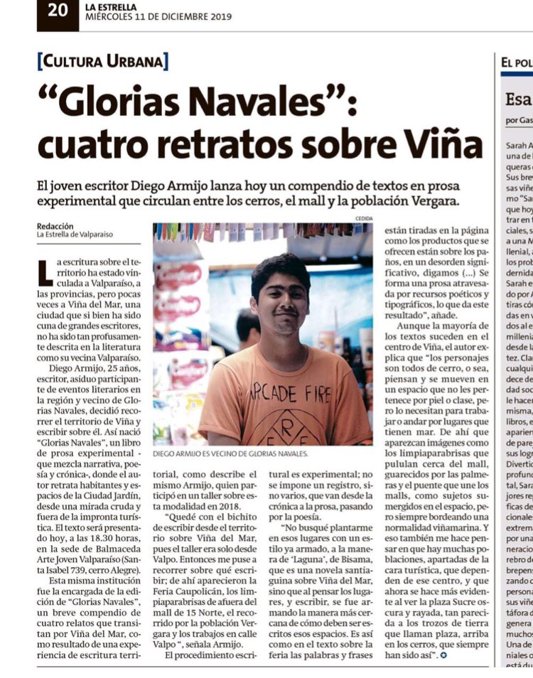 bajvalpo's tweet photo. Editado por @balm_artejoven, HOY a las 18.30, Diego Armijo lanza su primer libro en nuestra casa
Un repaso en prosa experimental es lo que hace el joven escritor sobre el “otro” Viña del Mar. Diego ha formado parte de nuestros talleres de Literatura y nuestro #LET2018 #BAJValpo https://t.co/q9WwFMipwH