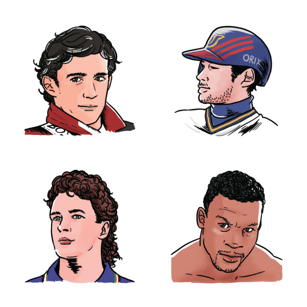 二階堂ちはる 昭和50年男 Vol 002 特集 俺たちのヒーロー スポーツ編 にて 似顔絵 イラスト 描かせていただきました アイルトンセナ イチロー バッジョ マイクタイソン マイケルジョーダン 辰吉丈一郎 鈴木大地