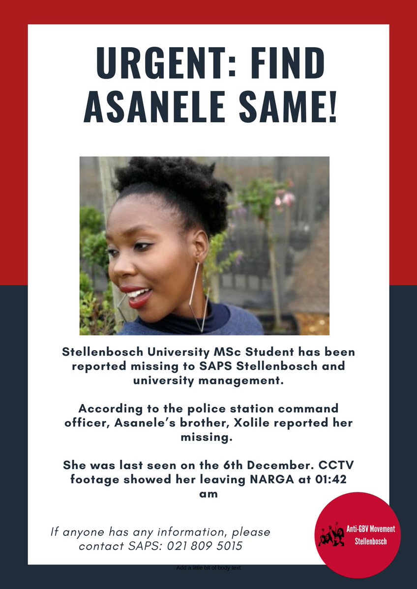 LawOrder_za's tweet photo. #MISSINGADULTALERT π¨
ASANELE SAME
She's a student at the Stellenbosch University
Anyone with information please contact SAPS 021 809 5015
(Via @antigbv_su ) https://t.co/IzJFaj6XzH