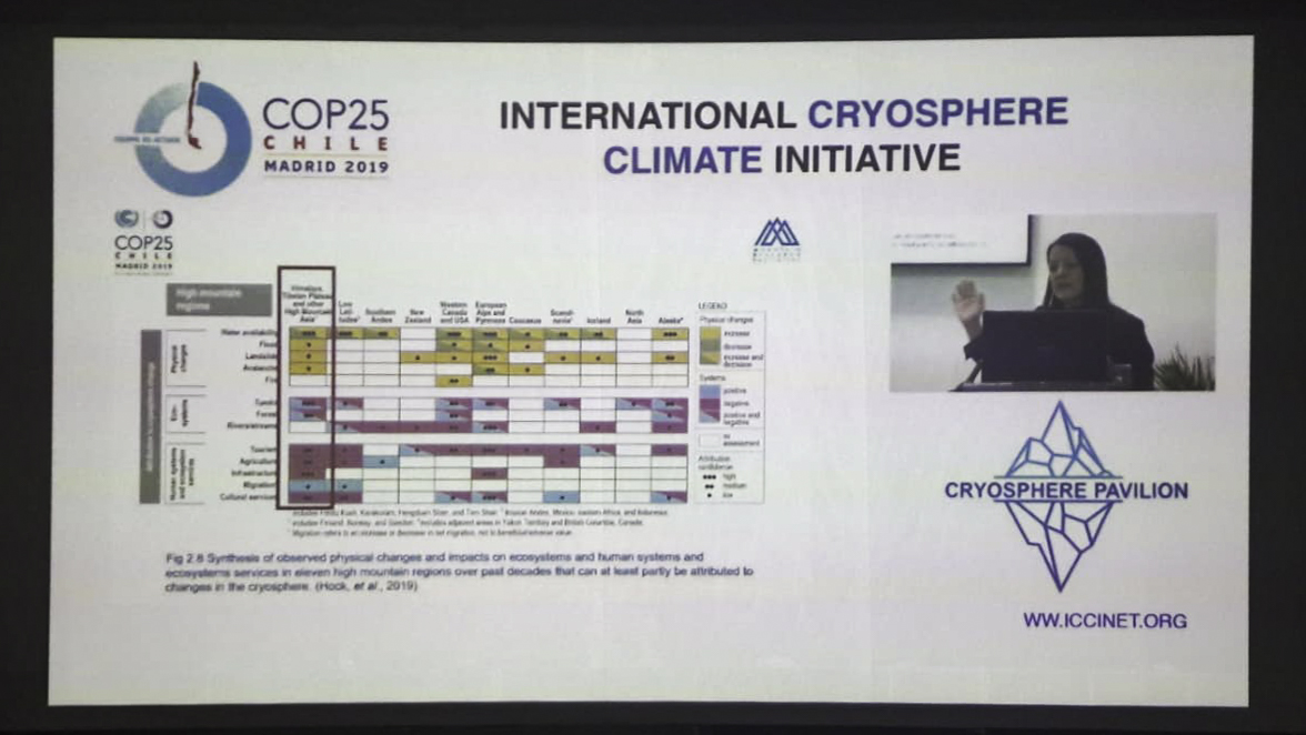 Happy #internationalmountainday!
Celebrating through live streaming #COP25 #HKH side event panel in #CryospherePavilion, chaired by @icimod @PhilippusWester.
'Even #1o5 deg. is too hot for #HinduKushHimalaya' 
#TimeForAction @DavidMolden @drcarolinadler @MtnResearch @UNmountains