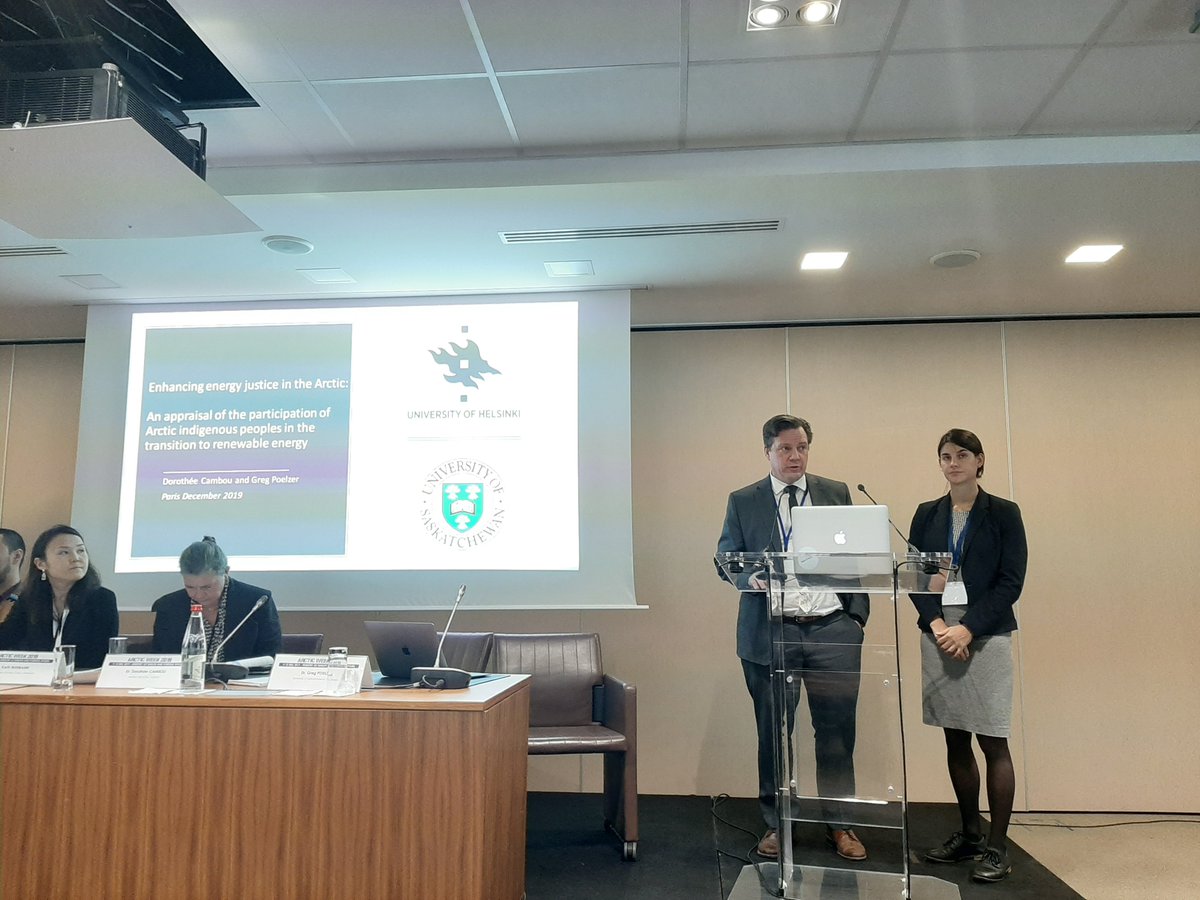 clairebigand's tweet photo. "No one should be left behind in the transition to renewable energy in the Arctic" Fascinating talk from @GPoelzer of @usask and Dorothee Cambou @helsinkiuni at #Arcticweek2019 on energy justice for Arctic Indigenous peoples and economic reconciliation https://t.co/TnnJclcw7J