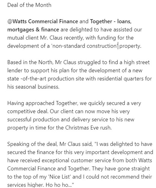 WattsCommercial's tweet photo. Deal of the Month
@WattsCommercial & @Together_Money are delighted to have assisted our mutual client Mr. Claus recently, with funding for the development of a non-standard construction property.
#GingerbreadSnap #wattstheanswer #togetherpluspartner #fakenews #merrychristmas https://t.co/2JVCarep0g