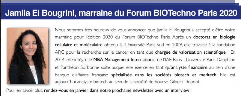 BIOTechnoParis's tweet photo. 📢📢📢[Annonce forum BIOTechno Paris 2020]
Pour ceux qui ne l'auraient pas encore vu sur notre newsletter, nous sommes heureux de vous annoncer que Jamila El Bougrini a accepté d'être notre marraine pour l'édition 2020 du Forum BIOTechno Paris. https://t.co/gKbOW22xAy