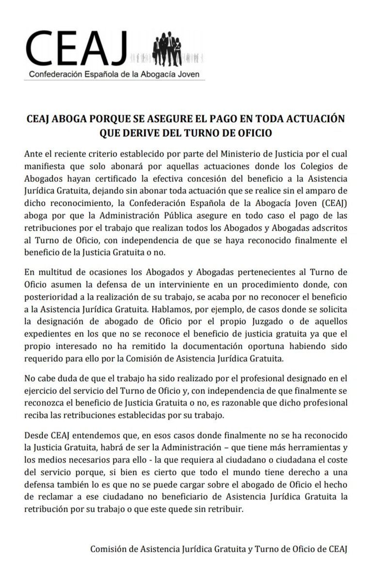 Comunicado que se ha elaborado desde la Comisión de Asistencia Jurídica Gratuita y Turno de Oficio de CEAJ, por el que se reivindica que se asegure el pago en toda actuación que se derive del Turno de Oficio.
#AbogacíaJoven #ComisiónAJGyTOCEAJ