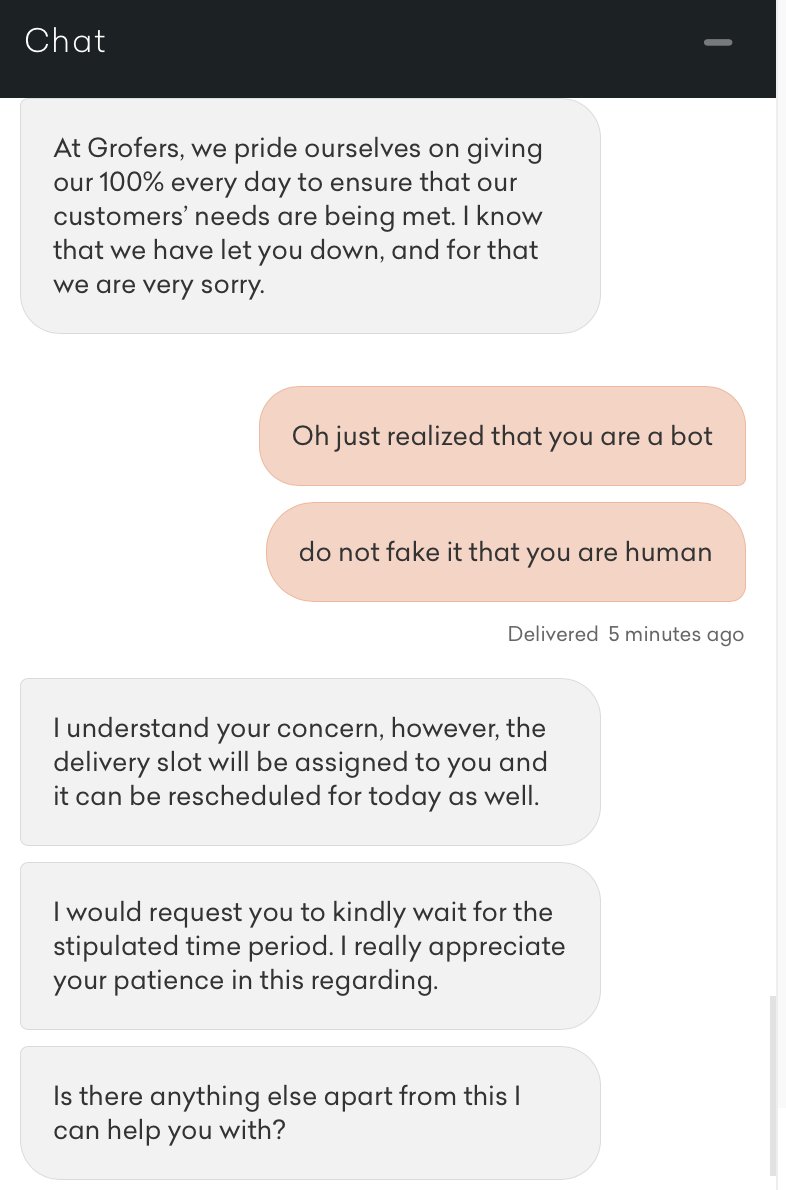 Shilpi_SV's tweet image. Had a fun time exchanging with @Grofers chat agent. #poorcustomerservice #badTech #implementation Transition off the customer to real agent from bot after a certain time. Just put a basic ML