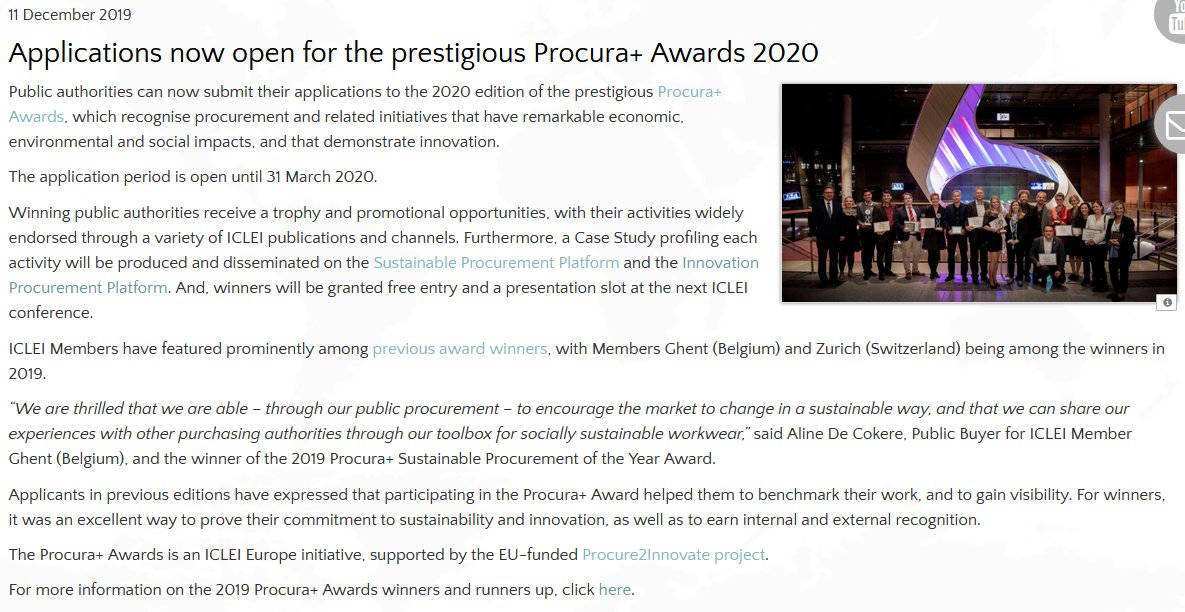 📣The 2020 edition of the prestigious Procura+ Awards are now open to applications 🏆! Local authorities: don't miss this chance to gain recognition and support for your #sustainable and #innovative #procurement!

More at: iclei-europe.org/news?c=search&…