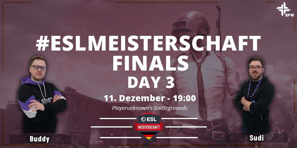 Der Vorletzte Tag der <a href="/PUBG_DE/">PUBG: BATTLEGROUNDS Deutschland 🇩🇪</a> #ESLMeisterschaft bricht an. Heute und morgen heißt es also nochmal alles geben! Wer macht das Rennen, wer wird uns überraschen?

⏰ 19 Uhr
🎙️ <a href="/SuperBuddyYT/">Ben Buddy Peters</a> &amp; <a href="/sudi_pubg/">Nico</a> 
📺 twitch.tv/esl_pubg_de