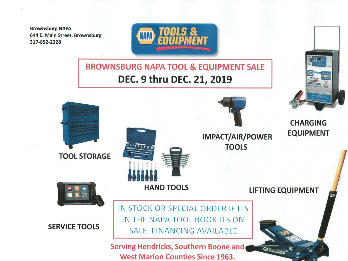 #BrownsburgNAPA Auto Parts Holiday Tool Sale is going on now. Great deals on our entire tool offering. If you're looking for tools or equipment for gifts,home use or shop use this is the place to go. Financing is available for that major purchase. #napaknowhow #carlyletools