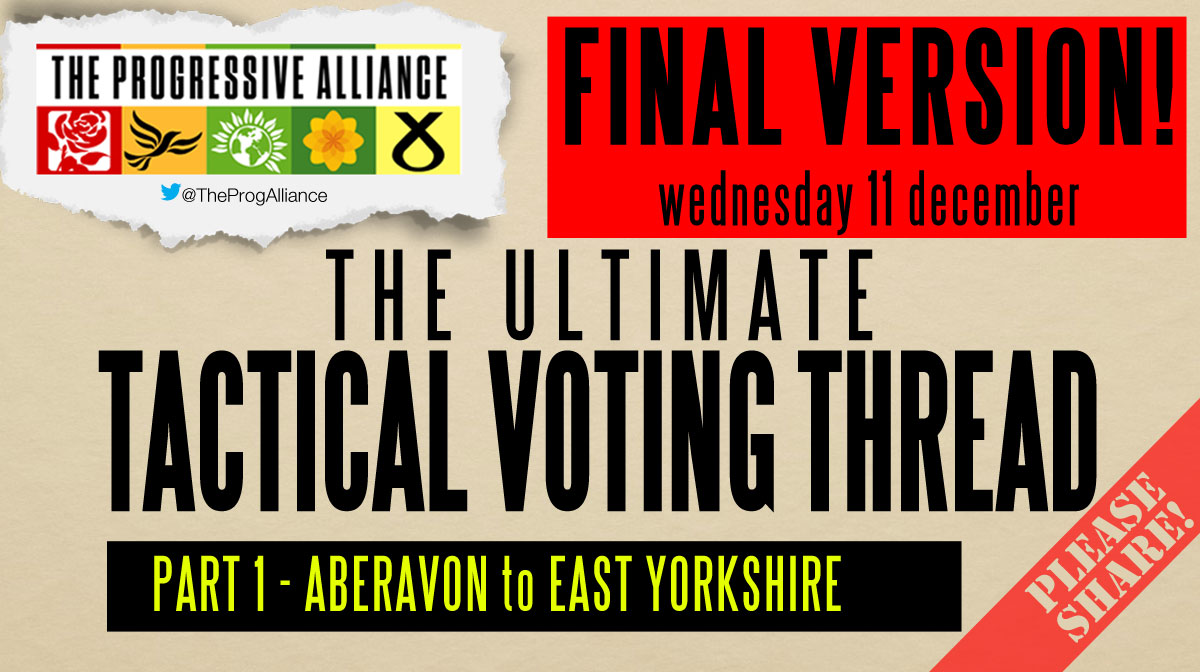 📊THE ULTIMATE #TACTICALVOTING THREAD

Thread 1 of 3
ABERAVON to EAST YORKSHIRE

Here are the best anti-Tory votes in all 628 mainland UK seats. If everyone who does NOT want a Johnson government votes accordingly, the Tories are OUT. Simple.

💥Please RT
⬇️HERE WE GO⬇️