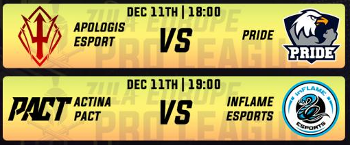 It's looking good day so far, today we have next matches in <a href="/ZulaEurope/">Zula Europe</a> Pro League.

18:00 CET - @ApologisEsport vs <a href="/PRIDEPoland/">PRIDE</a> 
19:00 CET - <a href="/PACT_gg/">PACT</a>  vs <a href="/esports_inflame/">inFLAME eSports</a> 

📺twitch.tv/idcgames