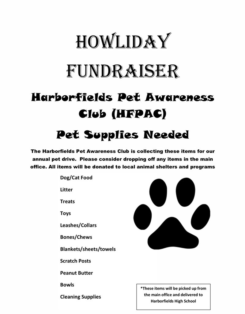 Allison_A_Joyce's tweet photo. Check out the HF Pet Awareness clubs upcoming district wide fundraiser! All items will be picked up from their respective buildings on 12/17 and will be donated to local animal shelters and programs. @HarborfieldsCSD HarborfieldsCSD https://t.co/sKfwcm9I2o