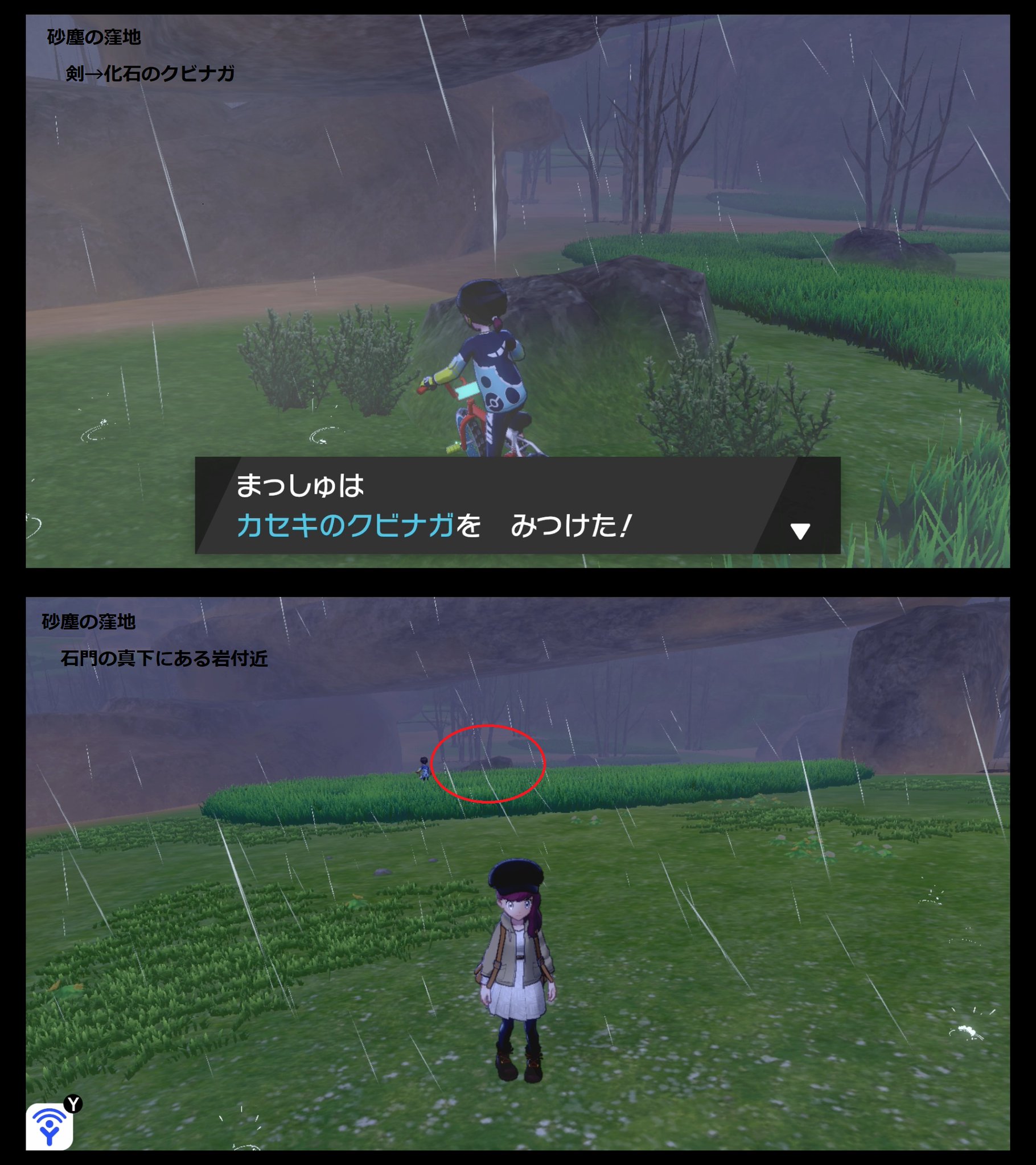 まっしゅ 前回と同じ場所で確認できたのでこれもここで確定ぽい 砂塵の窪地 剣カセキのクビナガ 盾だとリュウですかね あとカジッチュりんごの近くの草むらの近くにふしぎなあめ生えてくるのでりんご見た時一緒に確認するといいです ポケモン剣盾
