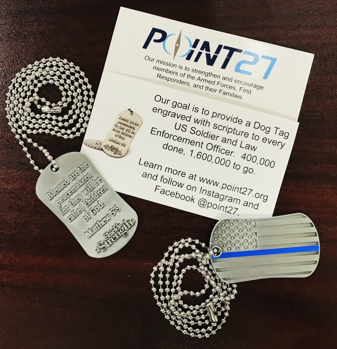 PSLPolice's tweet photo. @PSLPolice Volunteer Bill Kelley stopped by Police Dept. to drop off DogTags w/ scripture Matt 5:9 engraved- ('Blessed are the peacemakers, for they will be called children of God"). Thank you Bill for delivering the DogTags to our officers #Point27 #ShieldsOfStrength #USSoldier https://t.co/7F0wj8SaJC