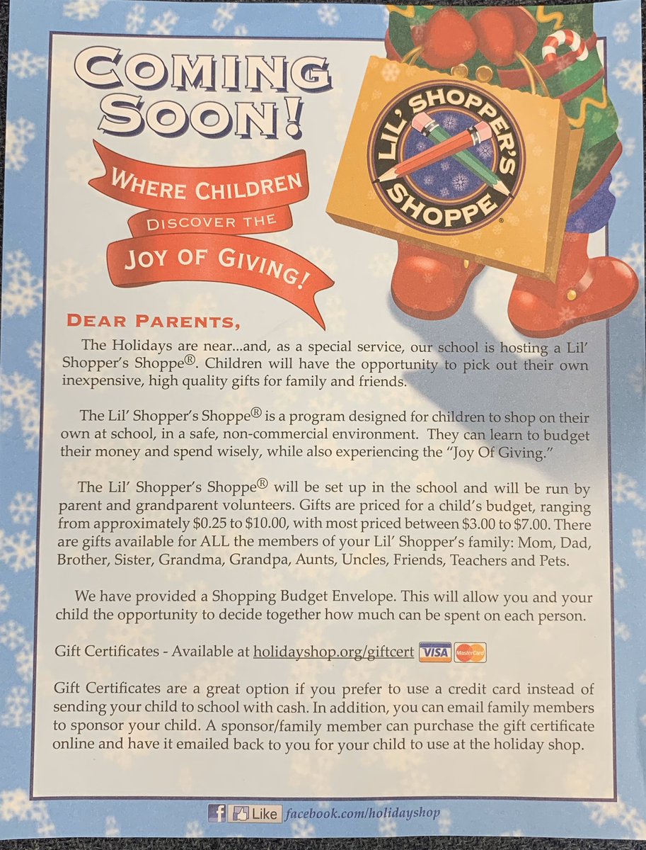 Lil’ Shoppers is coming to Forts Ferry!  Thursday and Friday children will have the opportunity to pick out their own gifts for family and friends. A shopping budget envelope was sent home this week. Happy Holidays!!