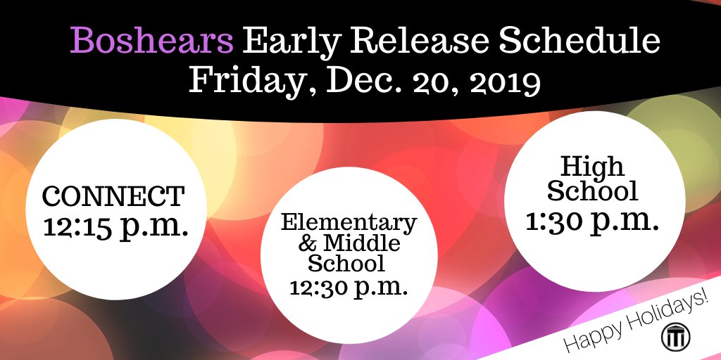 Have you heard the news? Students will be dismissed EARLY on Friday to kick-off their Christmas Break! Please note campus dismissal times...