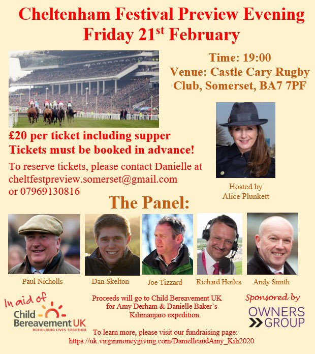 Huge thanks to <a href="/ownersgroupuk/">Owners Group</a> <a href="/TheRacingStage/">Owners Group</a> who are kindly sponsoring our Cheltenham Festival Preview evening on Friday 21st Feb 🐎

All proceeds will go to Child Bereavement UK

Tickets are selling fast! Get in touch to secure your tickets 🎫 

#CheltenhamPreview #Fundraising