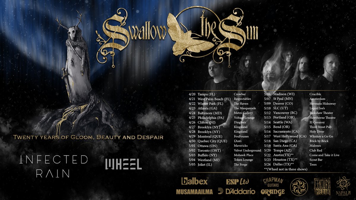 Our first North American HEADLINING Tour begins next year April/May with supports from Infected Rain and Wheel. 

#2020 #Music #NorthAmerica

See info about tour dates and tickets on our Facebook: 

facebook.com/swallowthesun/