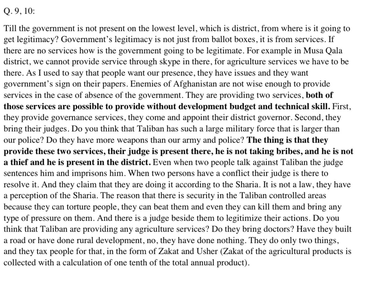 Taliban provides no services, but its strength is in the fact that it provides order, and can beat and torture people, and their judges aren't thieves. 127/n
