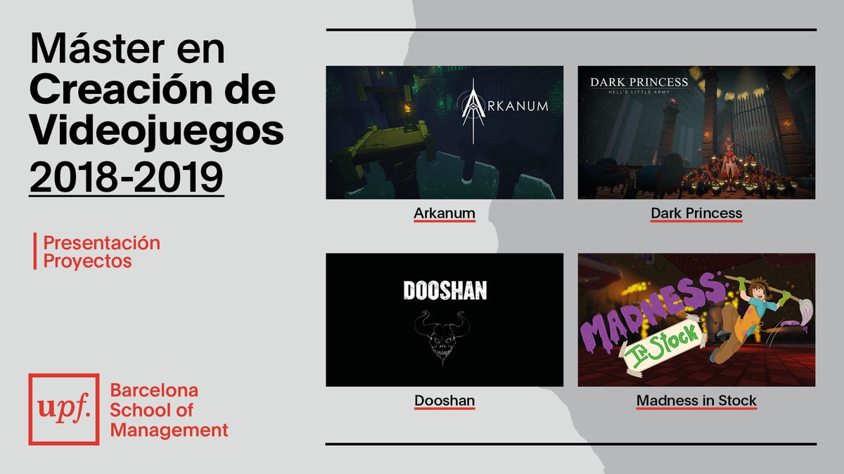 bsm_upf's tweet photo. Ya está disponible la grabación completa de la Presentación de trabajos finales de los alumnos del Máster en @VideojuegosBcn  #DarkPrincess  #Dooshan #MadnessInStock  @ArkanumGame
 @DaniNovarama  #BSMTalent
📽️ https://t.co/eYDMq60w5h https://t.co/MpUYH56RTO
