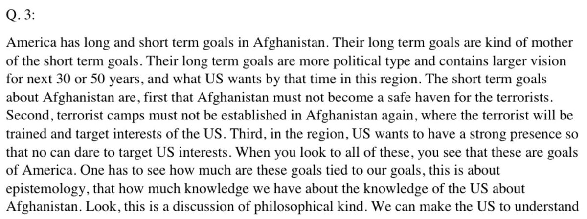 Former Afghan official Barna Karimi says that America has goals regarding what to achieve in Afghanistan in 30 or 50 years. Here he disagrees with American policymakers themselves, who mostly agree that the country had no discernible goals. 126/n