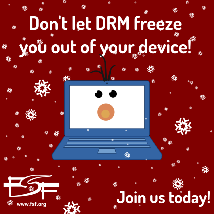 fsf's tweet photo. The fight against #DRM is just one important reason why we're trying to strengthen our numbers with 600 new associate members by 12/31. Start a conversation and help us reach our goal: share this graphic and hashtag #ISupportFreeSoftware https://t.co/lNbYzYp1ZX https://t.co/zozx3ahF0H