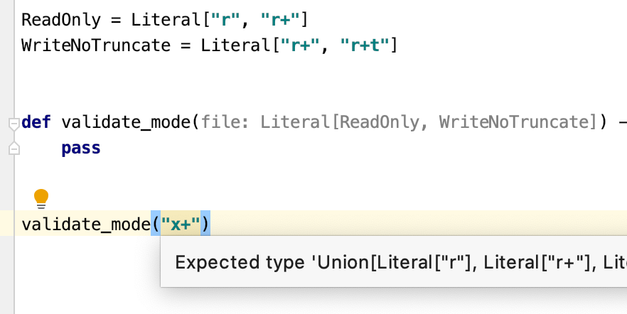 pycharm's tweet photo. Python 3.8 added support for 'Literal' type hints, if you're using magic strings anywhere in your code you can now annotate how users should use them #NewInPyCharm https://t.co/Og8TedEAnA https://t.co/OgKlKqMU7N