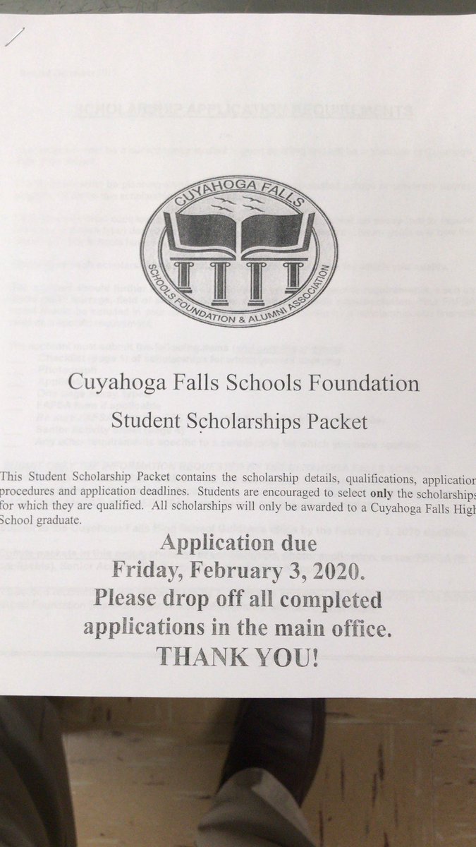 Attention Seniors!!!

Cuyahoga Falls School Foundation Student Scholarship Packets are available in the CFHS school counseling office. Pick yours up today! #Seniors #Scholarships #BlackTigerPride
