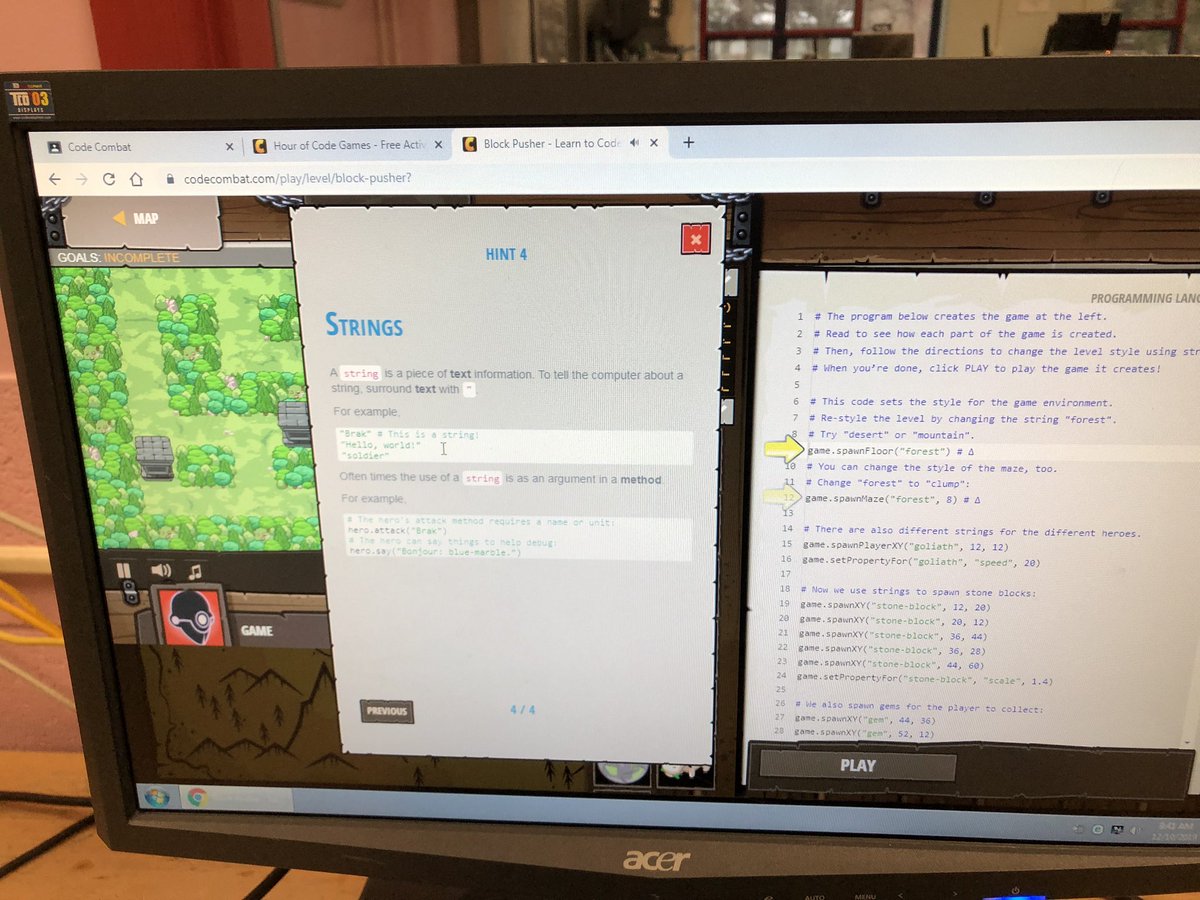 TechFmm's tweet image. Students in Ms.Calapa’s Computer Engineering class coding with CS First programming activities “Code Your Hero” and “Code Combat” in celebration of CS Ed Week. @FMMtweets @tec_fmm @fmmrobotics2019 #OntarioCodes #HourOfCode #CSFirst #CanadianLearningCode #Codeyourhero