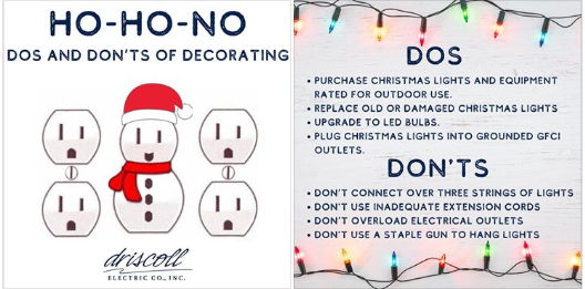 mfreynoldsbuild's tweet photo. The dos and don'ts of decorating... Great advice for from one of our subcontractors, @driscollelectrc . Be safe and enjoy the holiday season! https://t.co/bJsoufGqYE
